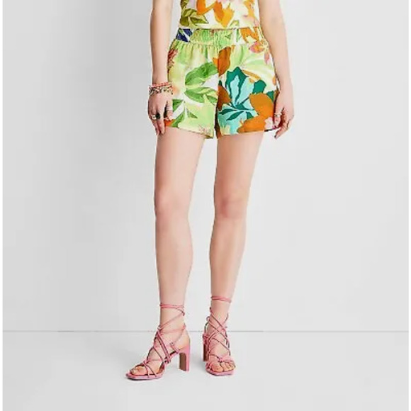 Future Collective Women's Floral Print Linen Shorts - Pink/Blue/Green Medium - Picture 1 of 5